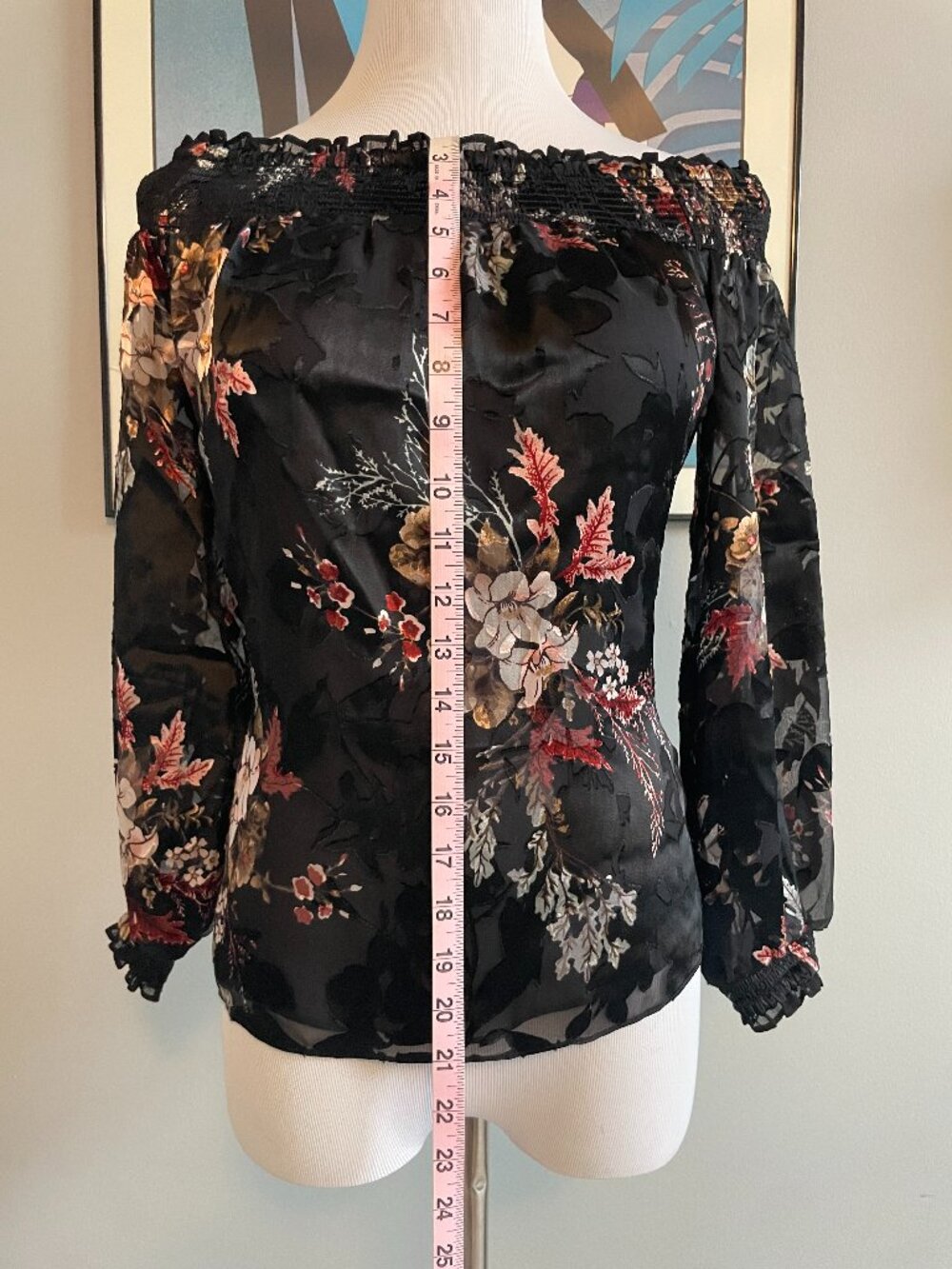 WHBM Gothic Romantic Velvet Burnout Off-Shoulder Long-Sleeve Sheer Floral Top - Picture 7 of 13